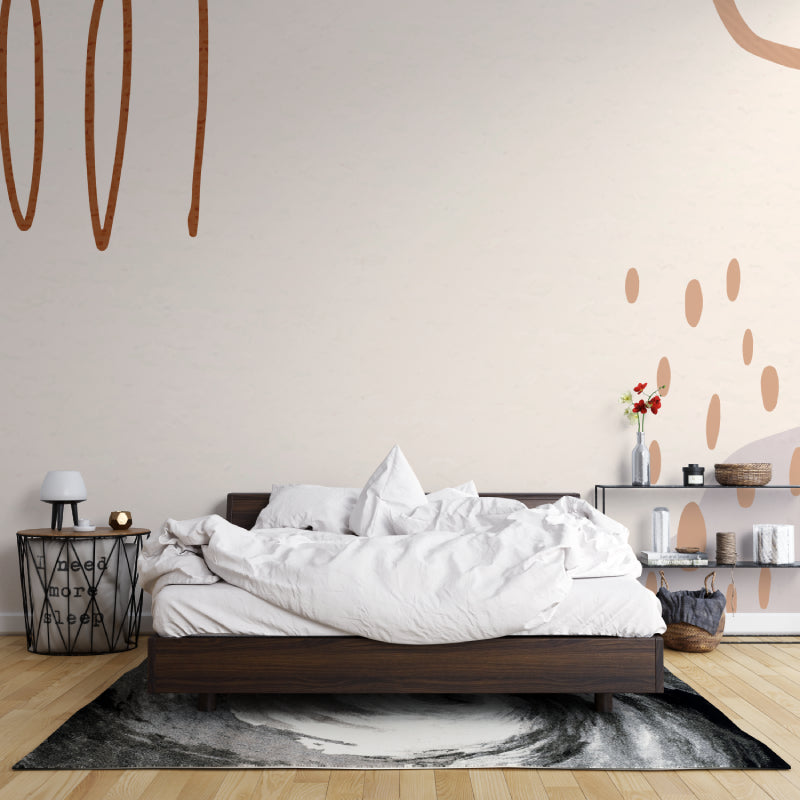 Abstract minimalist wallpaper in modern living room with beige sofa and terracotta accents