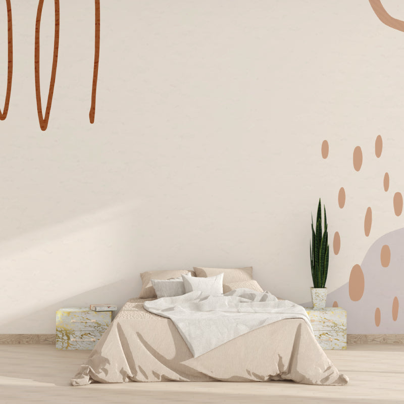 Peaceful bedroom featuring abstract wall mural with soft curves and warm tones