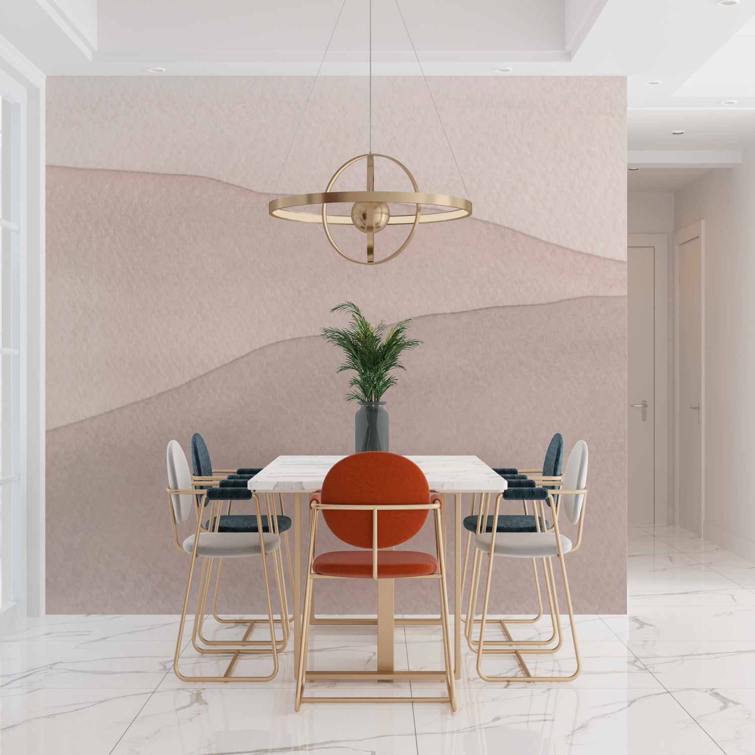Abstract wave wallpaper in modern living room, soft beige tones creating calm atmosphere