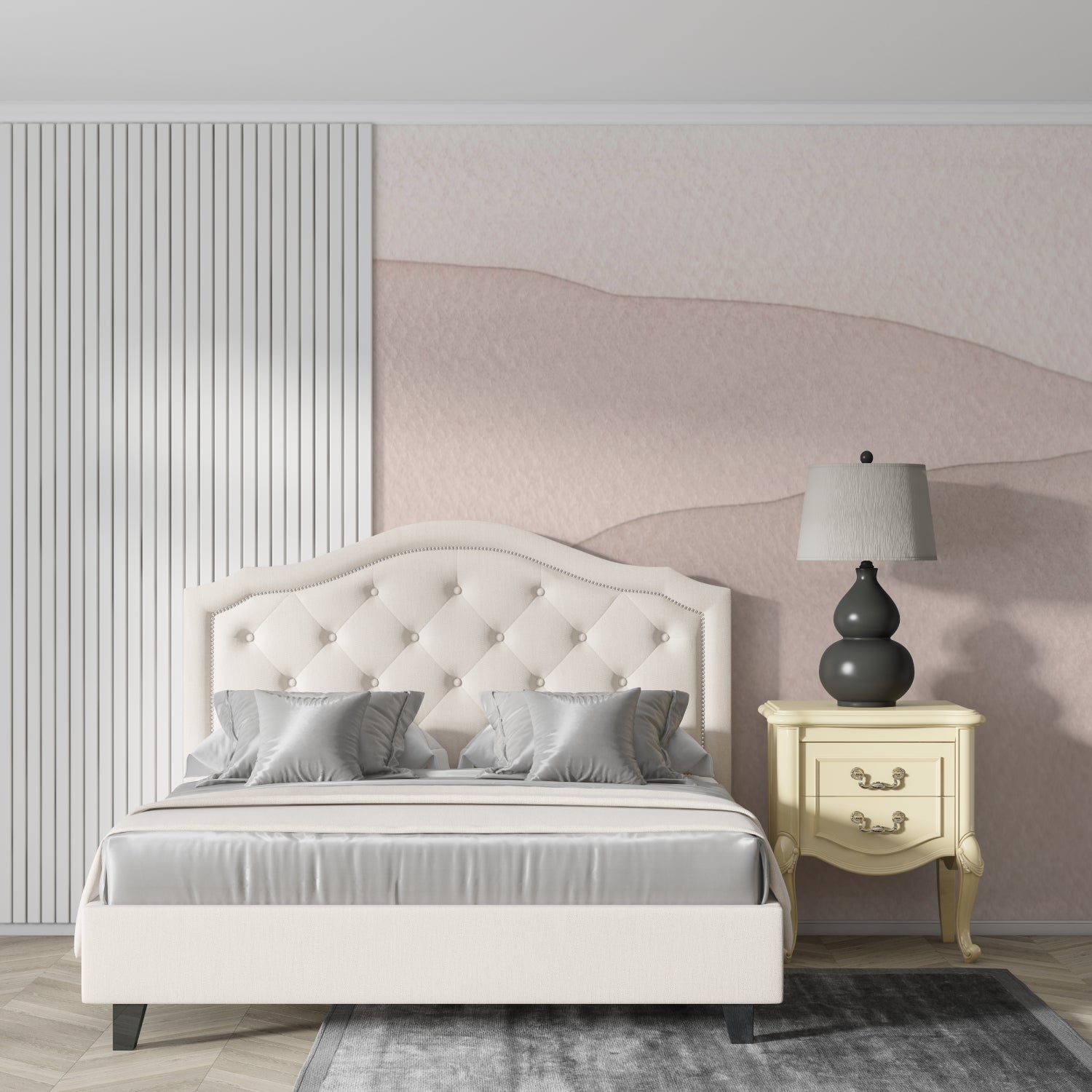 Beige abstract wallpaper in home office space, highlighting clean lines and depth