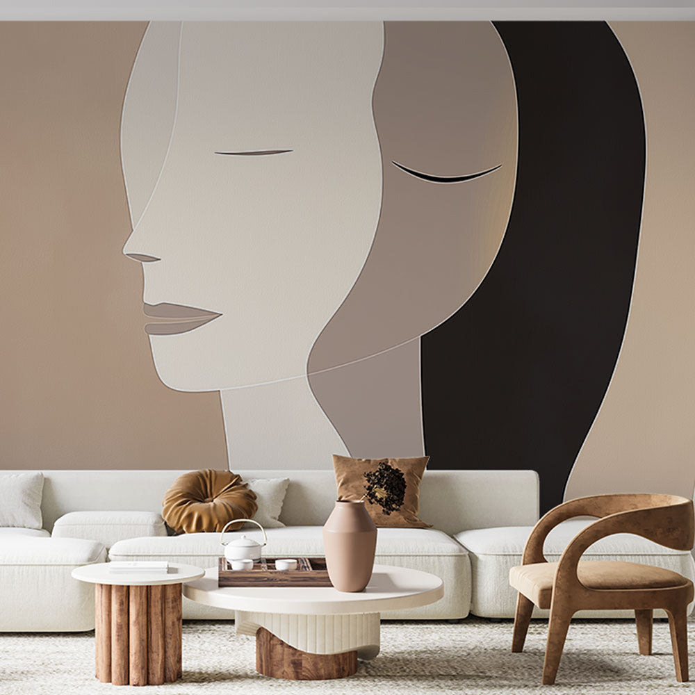 Modern Abstract Face Wallpaper creating a stunning focal point in a bright living room with minimal furniture