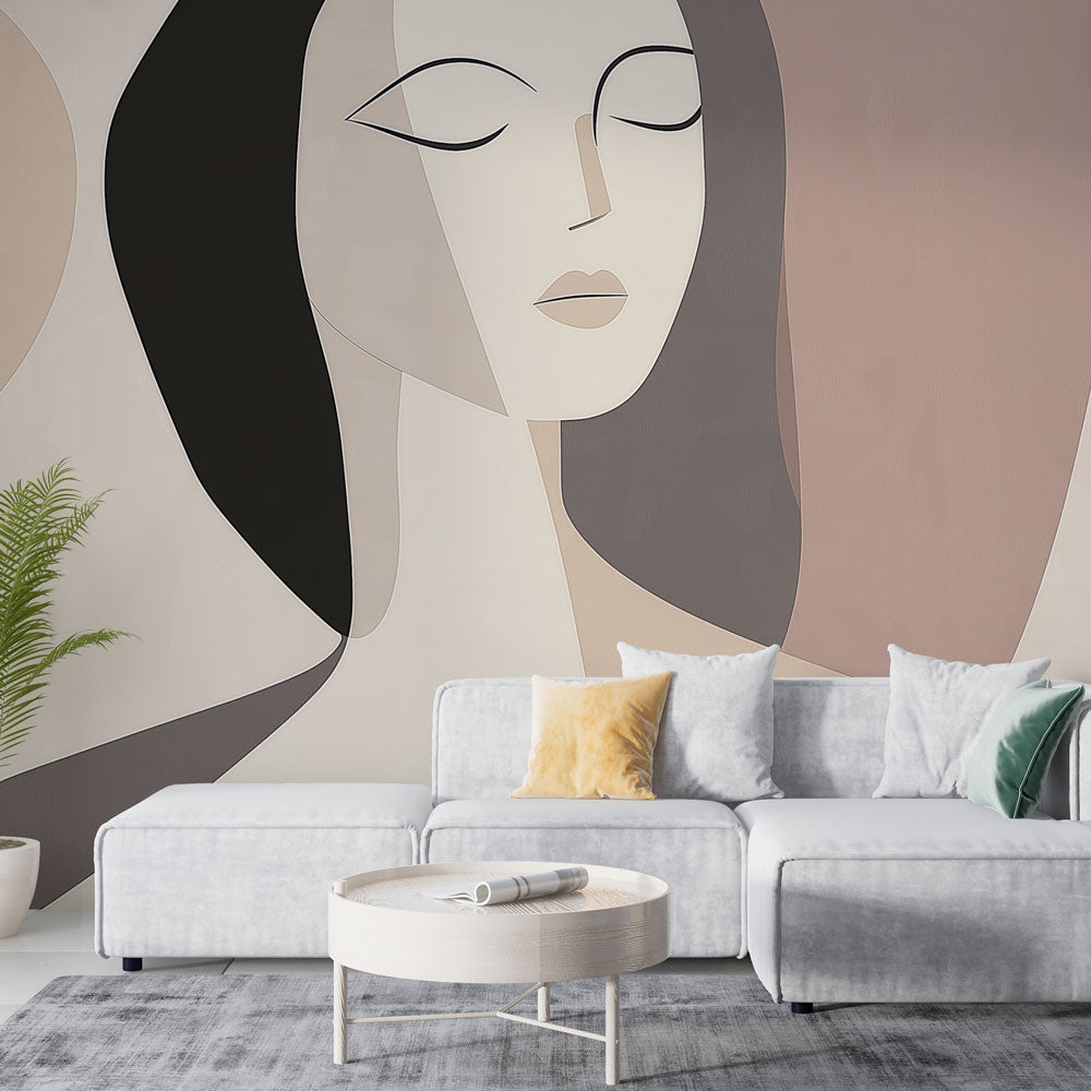 Modern Abstract Face Wallpaper creating a stunning focal point in a minimal Scandinavian living room with natural light