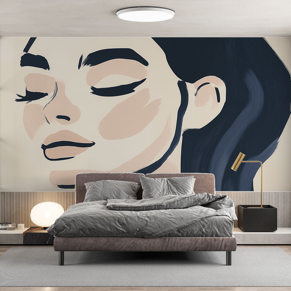 Modern Line Art Face Wallpaper showcased in a bright living room, creating a minimalist gallery wall effect