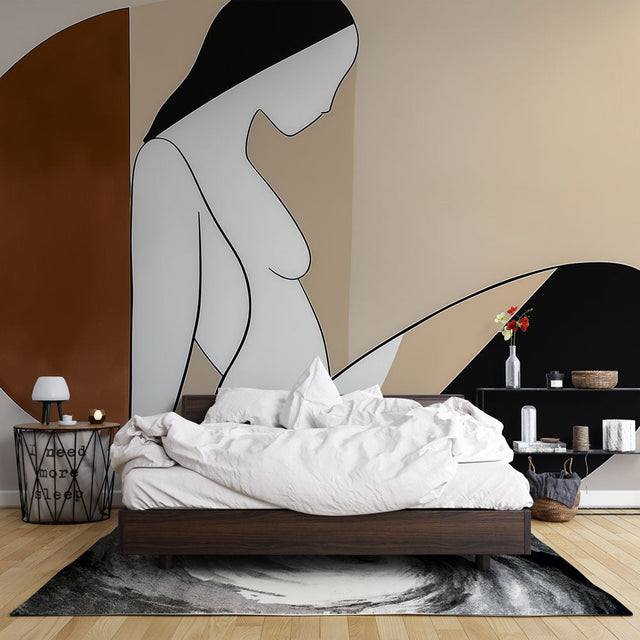 Abstract line art wallpaper in modern living room showing minimalist silhouette design against terracotta and beige background