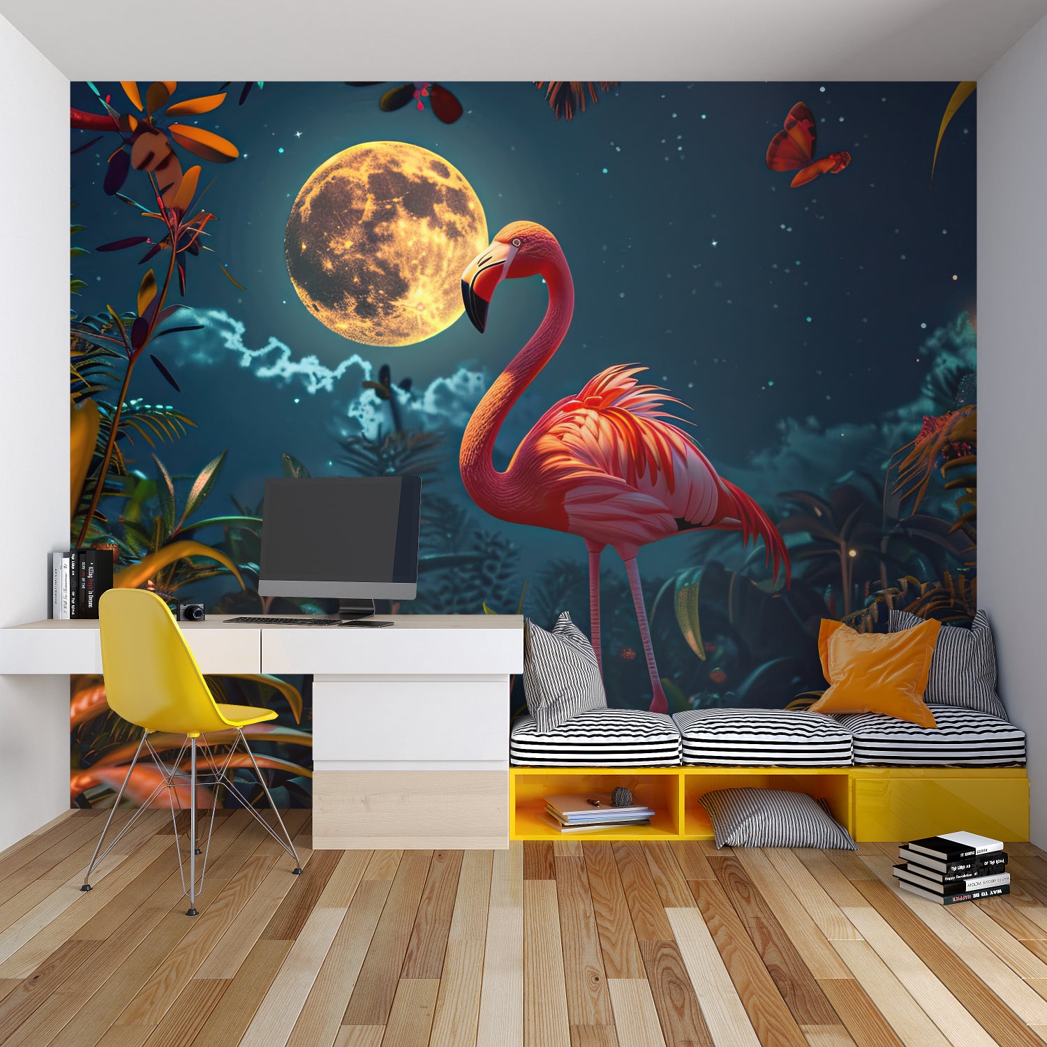 Minimalist wall mural featuring organic shapes in a contemporary home office