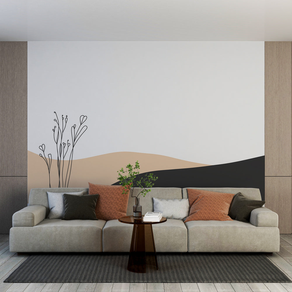 Abstract mountain line art wallpaper creating a serene atmosphere in a modern minimalist living room