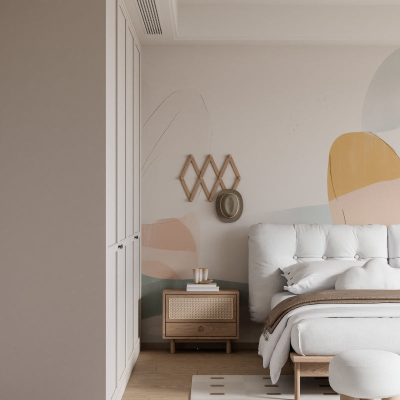 Modern abstract wallpaper with pastel curves creating a serene atmosphere in a bright living room setting