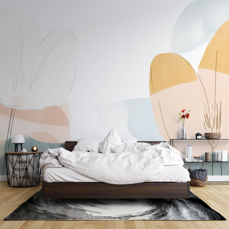 Minimalist curve wallpaper bringing soft movement to a contemporary bedroom space