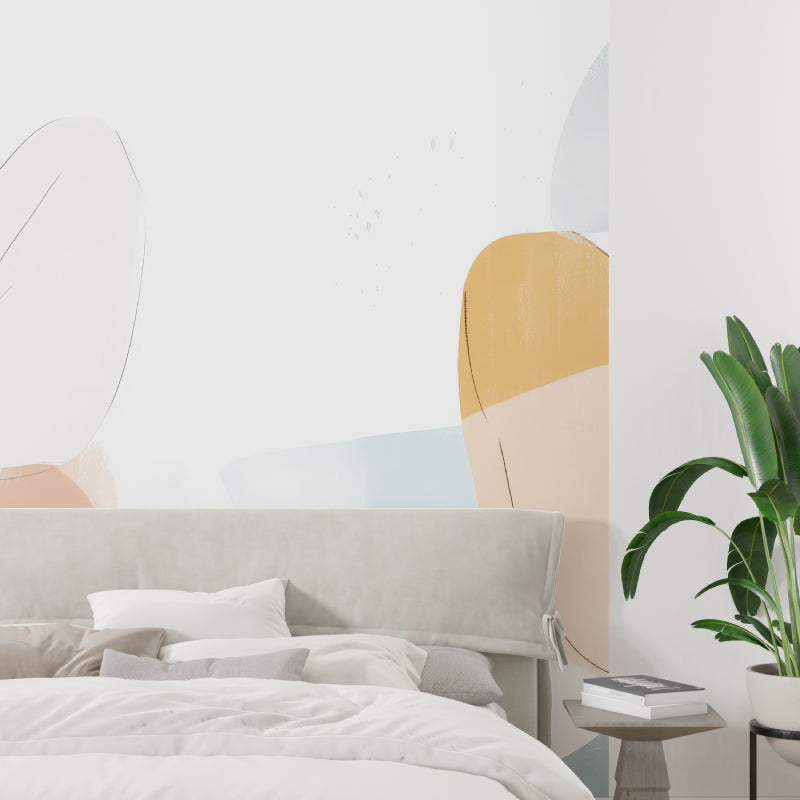 Abstract pastel wall mural adding gentle flow to a modern home office setup