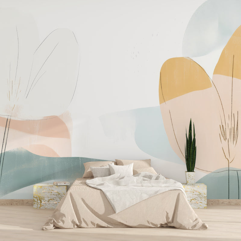 Geometric curve wallpaper creating depth in a minimalist dining room