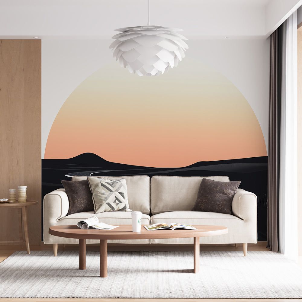 Modern living room featuring Abstract Sunset Road Mural Wallpaper, showing minimalist furniture and natural lighting