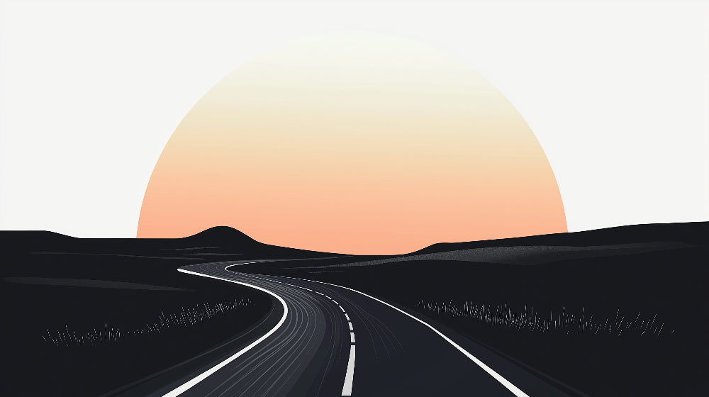 Abstract Sunset Road design file showing detailed minimalist pattern with coral and black tones