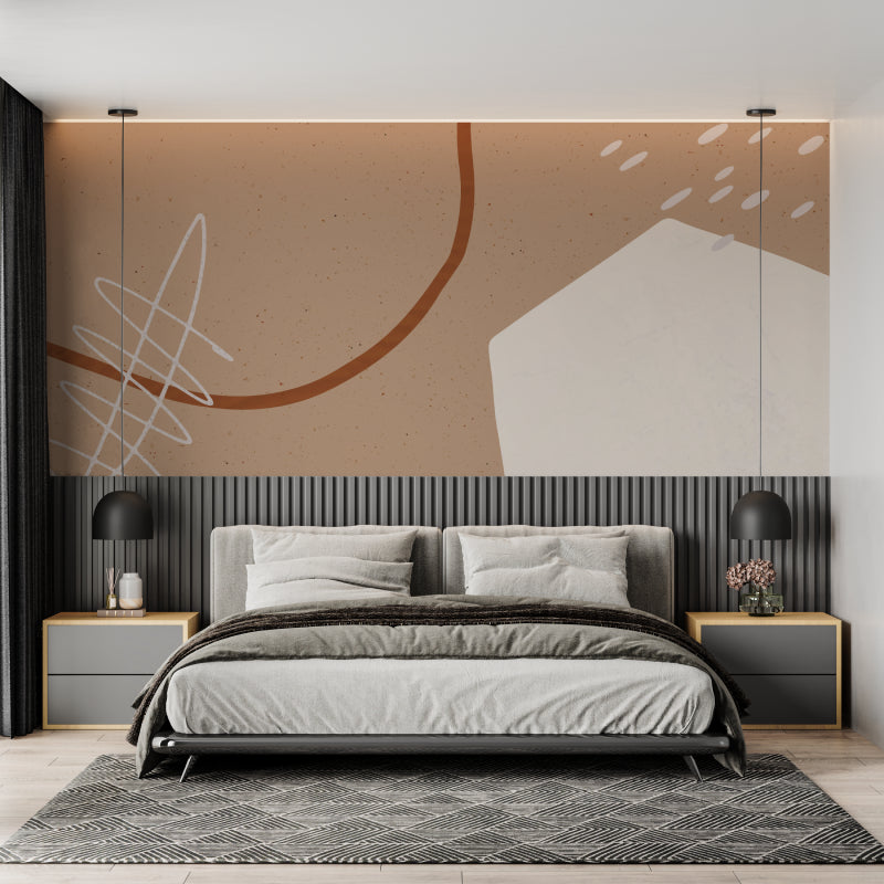 Minimalist abstract wallpaper featuring terracotta curves in a cozy bedroom setting
