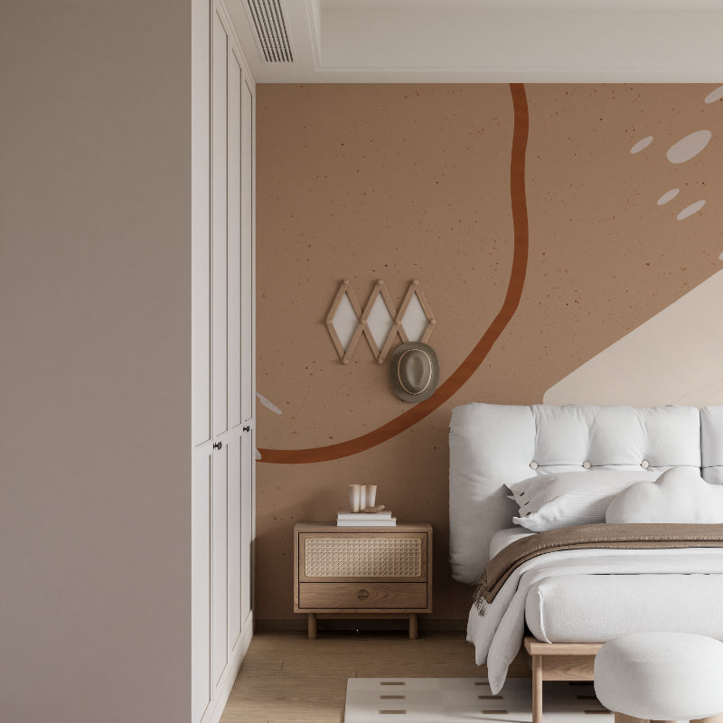 Modern abstract wall mural with geometric lines displayed in a minimal home office