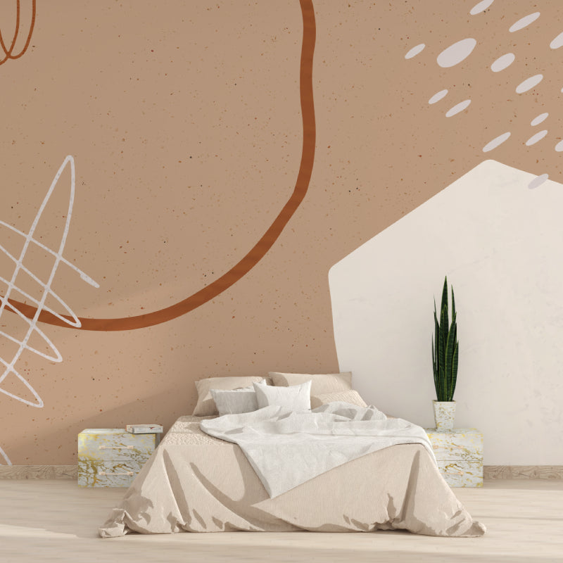 Terracotta line art wallpaper creating depth in a Scandinavian dining room