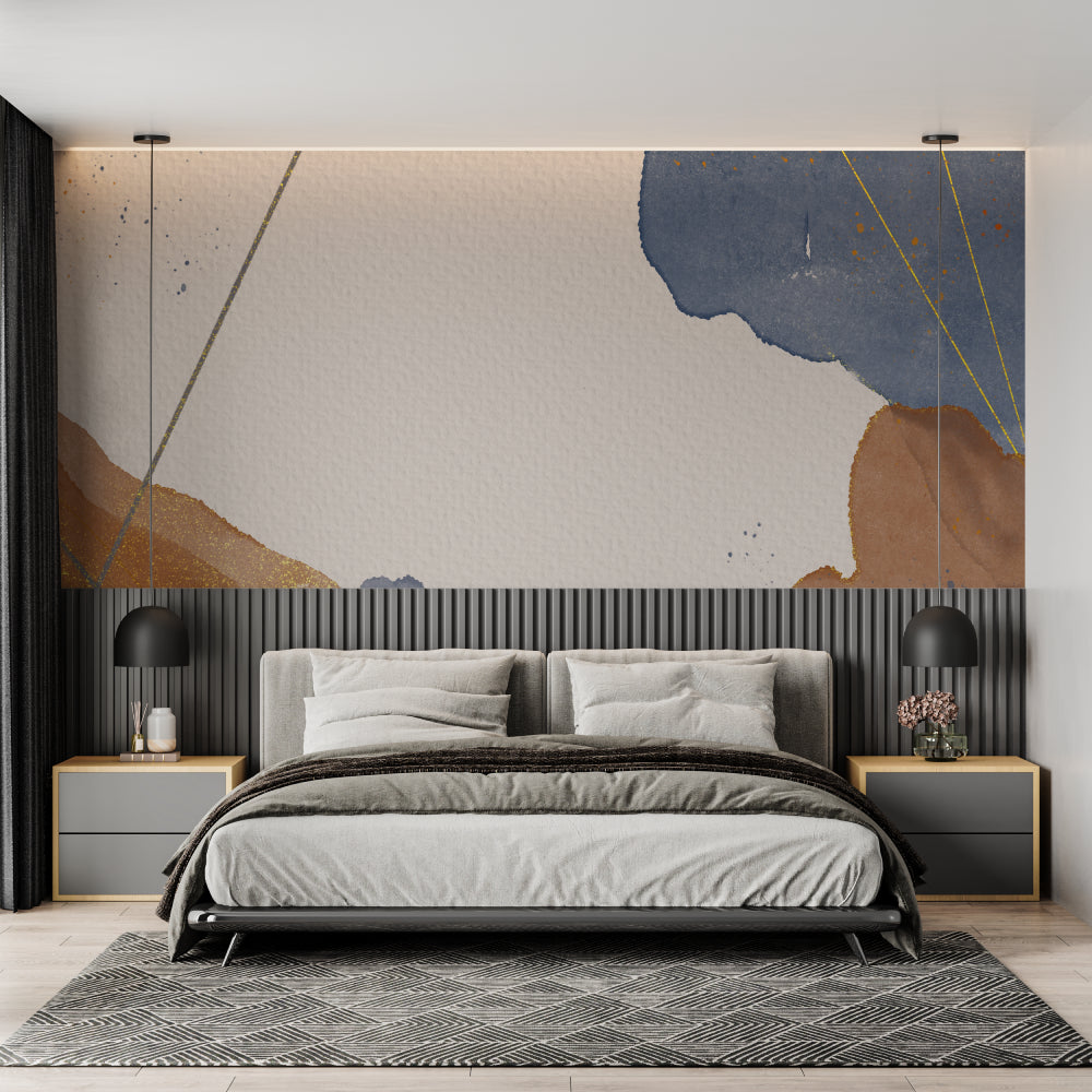 Abstract art wall mural featuring navy and gold shapes in a bright dining room setting