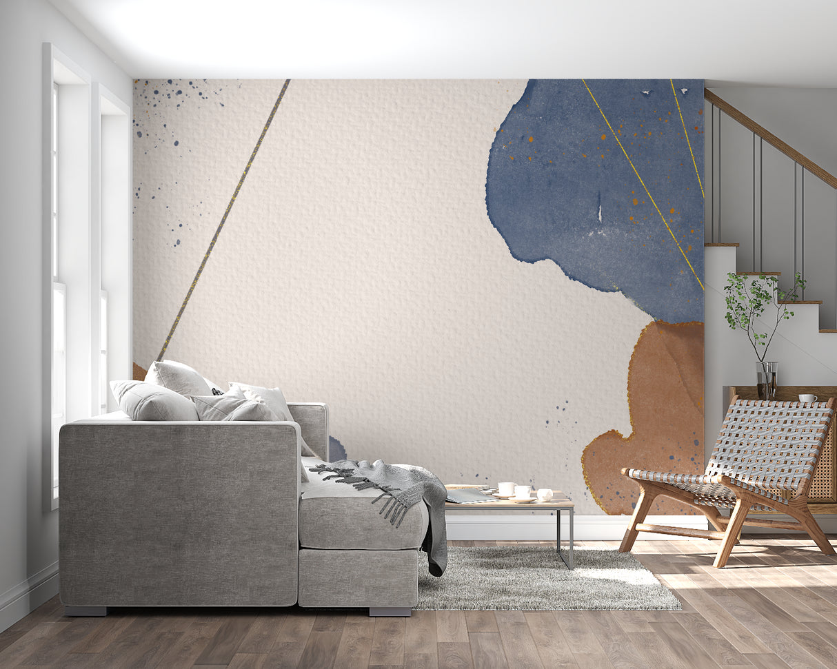 Contemporary navy and gold abstract wallpaper making a statement in master bedroom