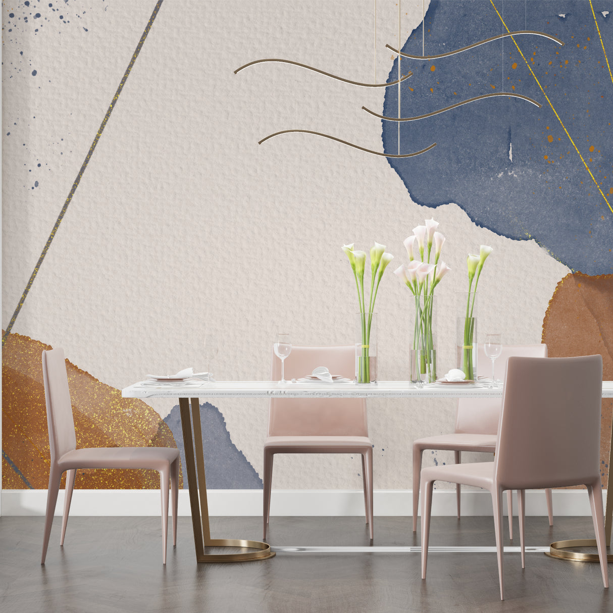 Modern art wallpaper design showcased in a stylish home office space