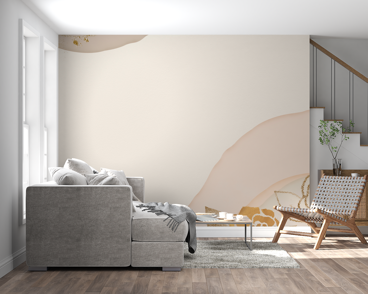 Dining area transformed by modern beige and gold abstract wall mural