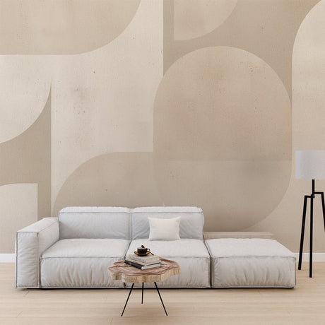 Modern abstract beige curved wallpaper in a bright living room with minimalist furniture