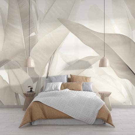 Abstract leaf wallpaper in modern living room showing beige botanical design