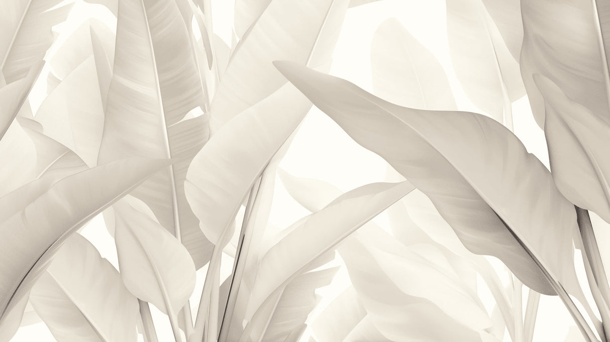 Beige abstract leaf mural in minimalist bedroom setting