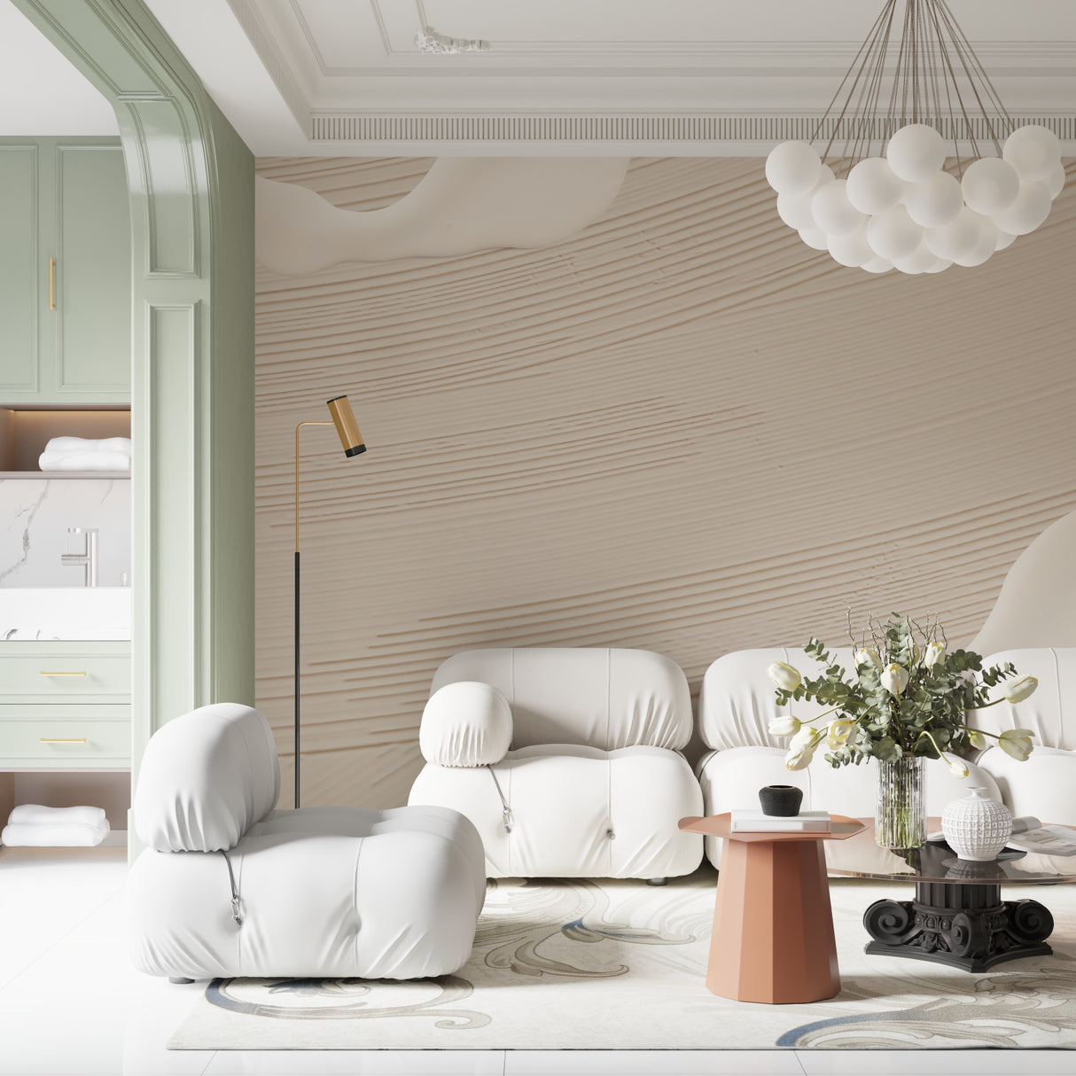 Modern abstract wave pattern adding movement to dining room walls