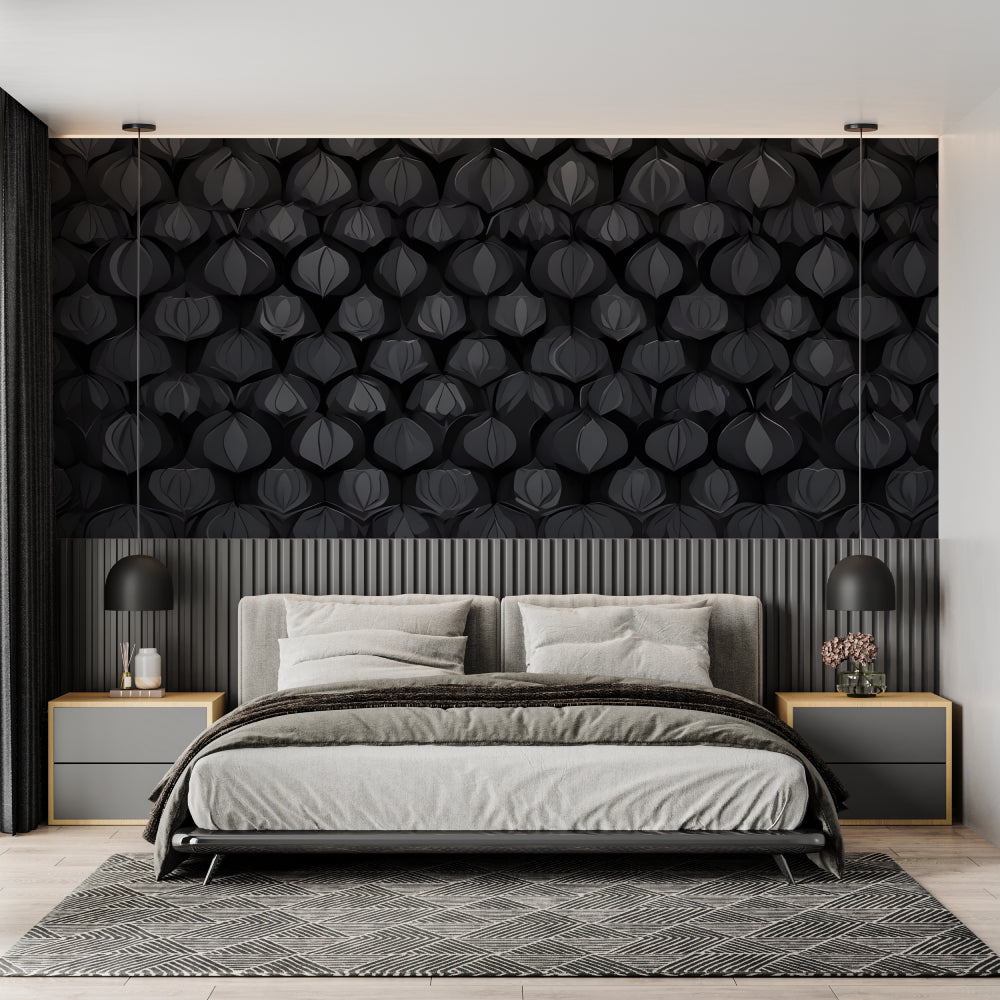 Modern black 3D pattern wallpaper in a minimalist living room, creating depth and sophistication
