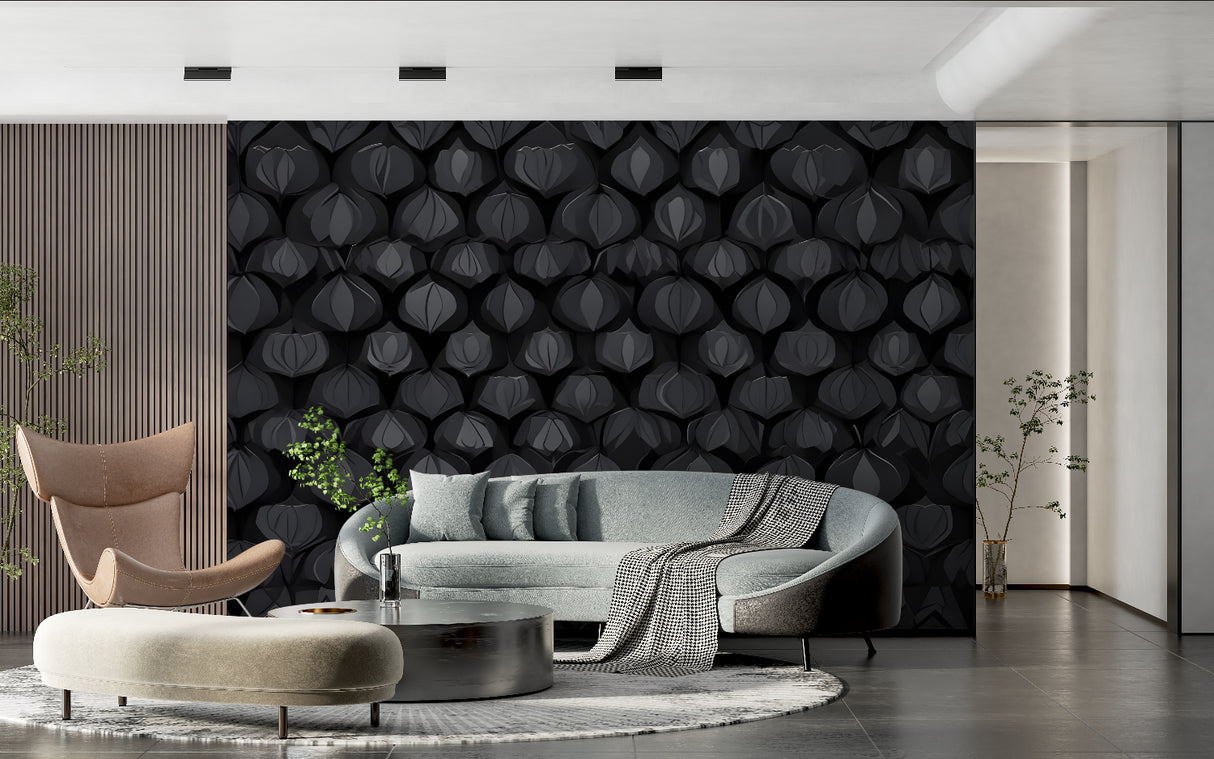 Geometric black wallpaper mural in an office space, adding professional elegance