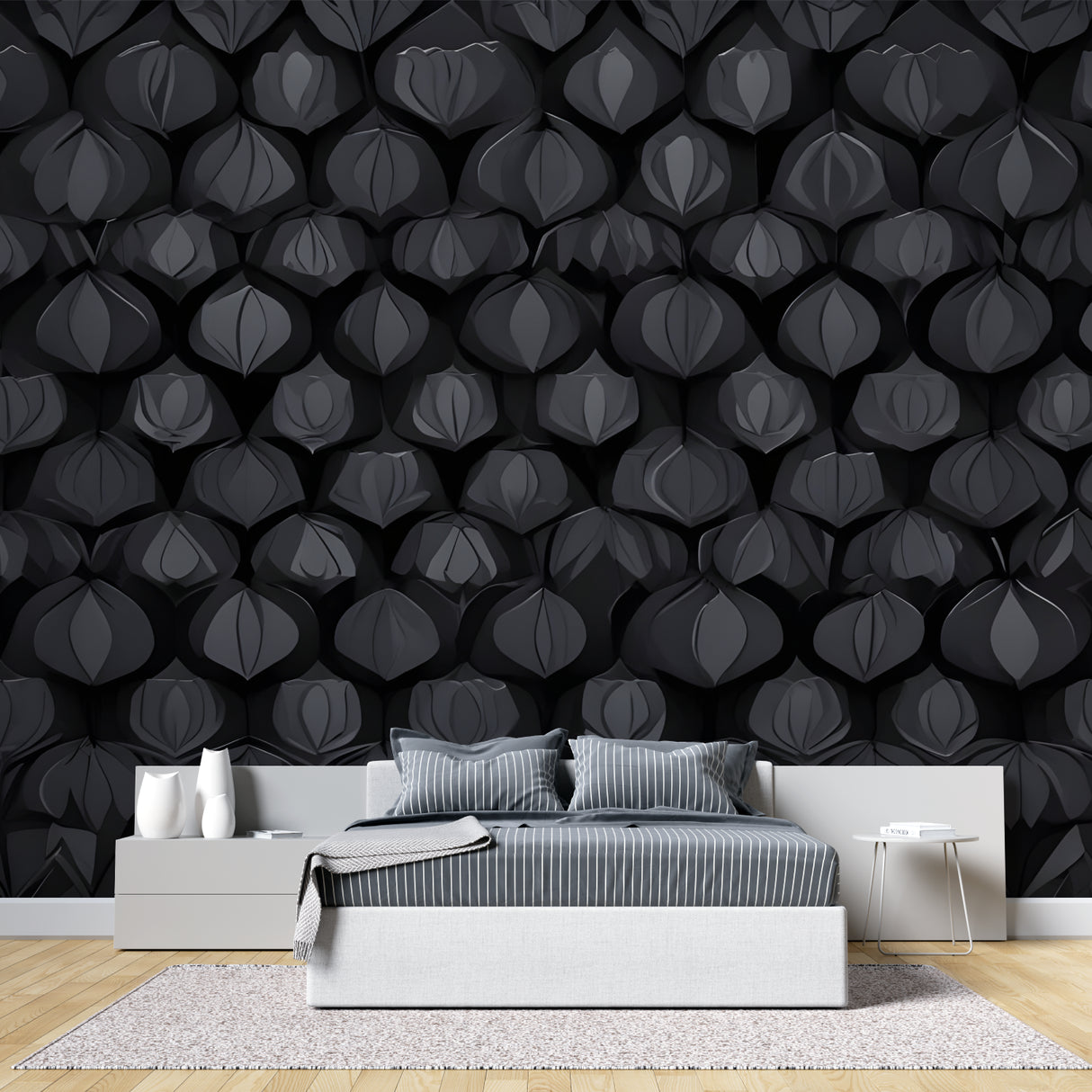 3D black pattern wall mural in a modern dining room, enhancing spatial depth