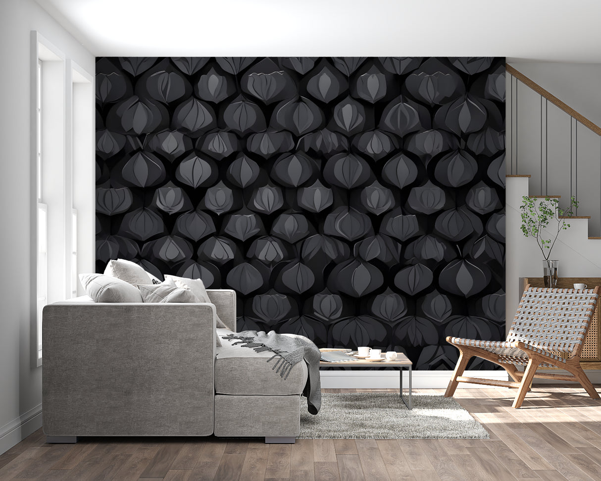 Abstract black wall mural in a hotel lobby, showcasing the pattern's versatility