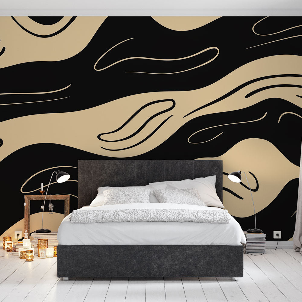 Modern living room featuring Abstract Wave Wallpaper in black and beige, creating a sophisticated atmosphere with flowing patterns