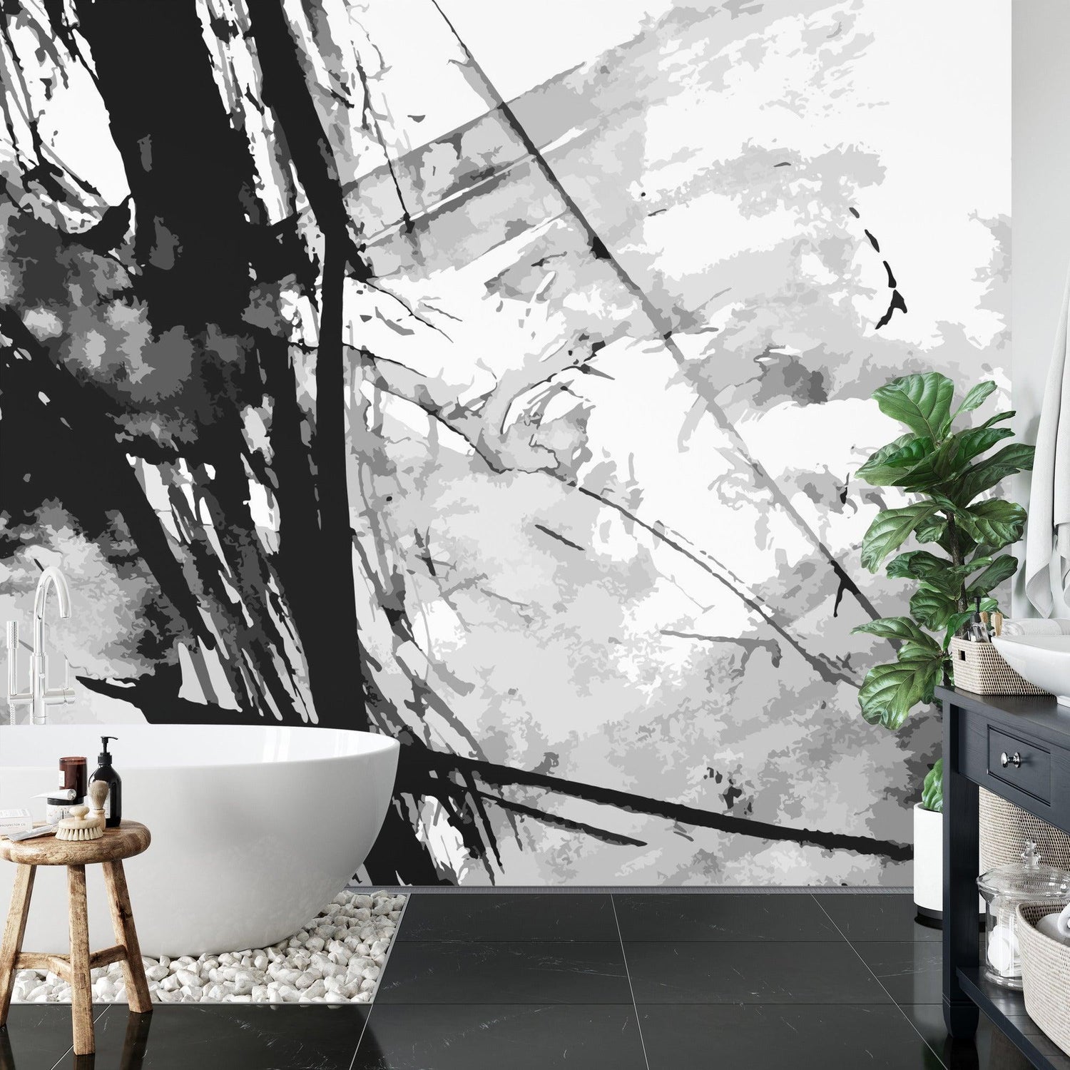 Black and White Abstract Wall Mural in minimalist office space enhancing work environment