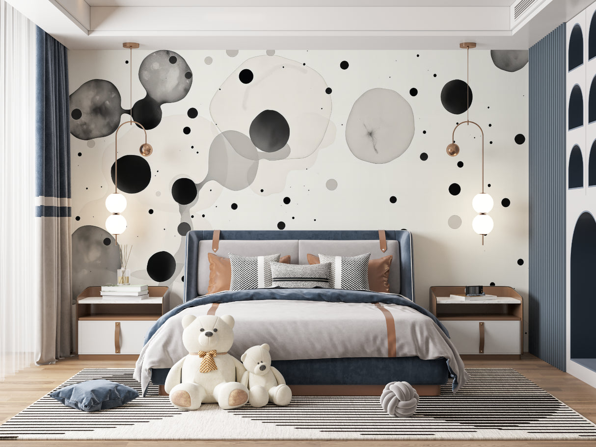 Abstract circle wallpaper in a minimalist living room, creating a clean and modern atmosphere