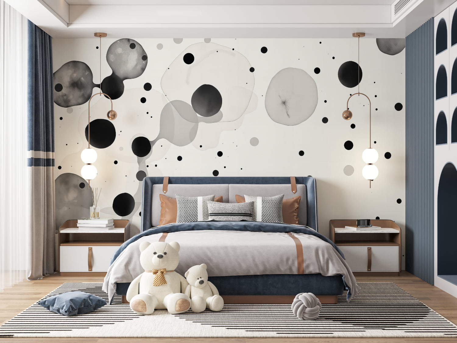 Abstract circle wallpaper in a minimalist living room, creating a clean and modern atmosphere