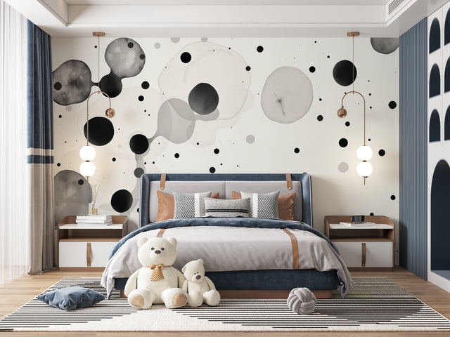 Abstract circle wallpaper in a minimalist living room, creating a clean and modern atmosphere