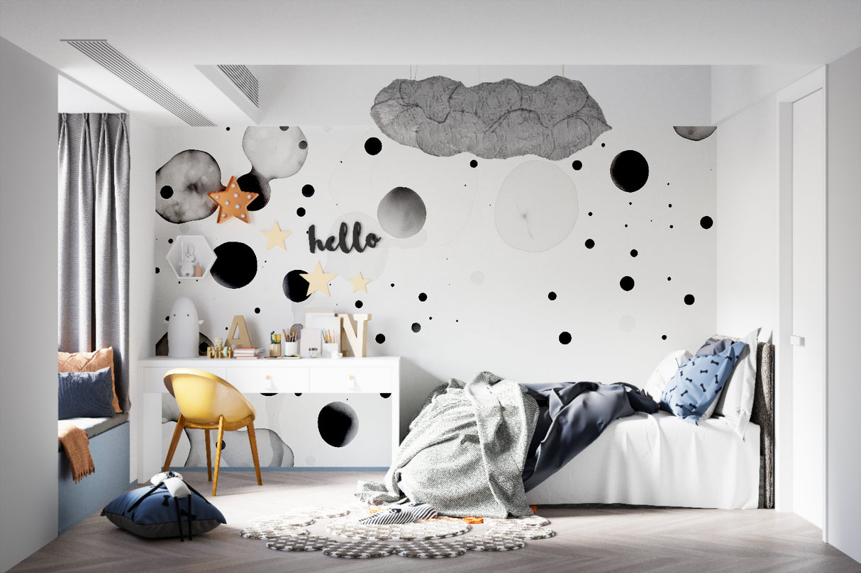 Modern black and white circle wallpaper in a bright home office space