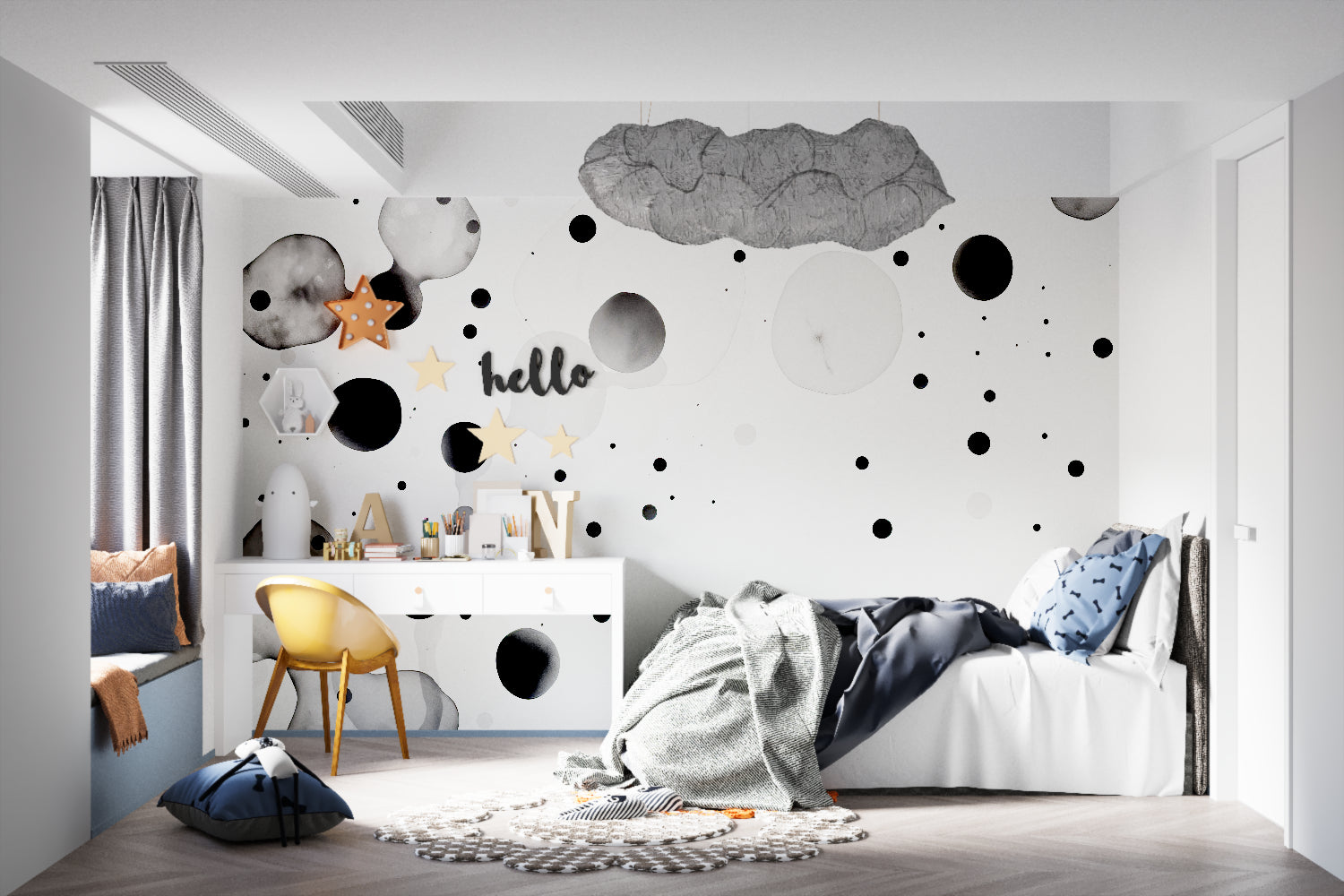 Modern black and white circle wallpaper in a bright home office space