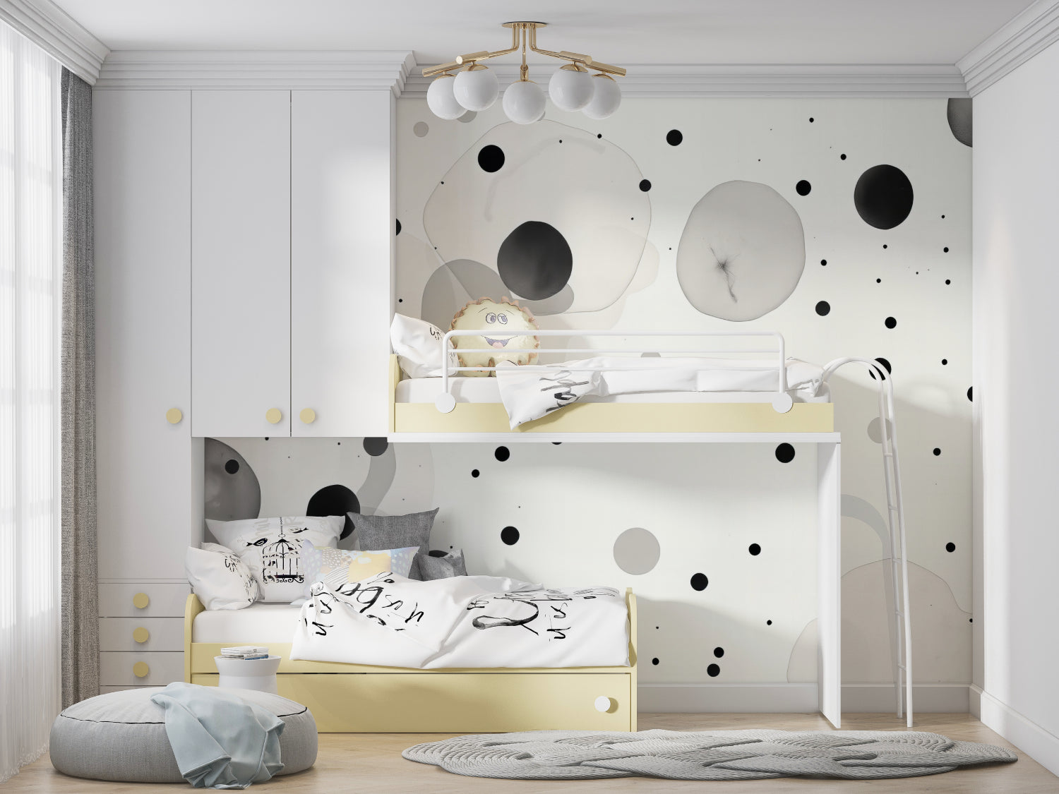 Geometric circle wall mural adding depth to a contemporary bedroom