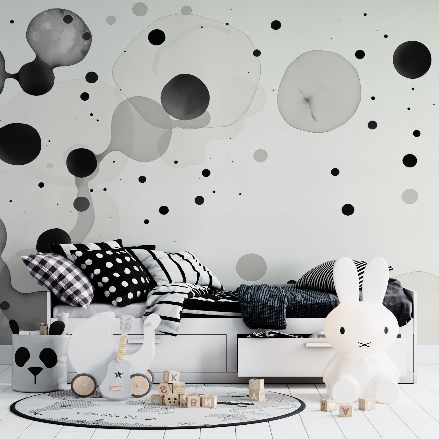 Abstract wallpaper with floating circles in a modern dining room