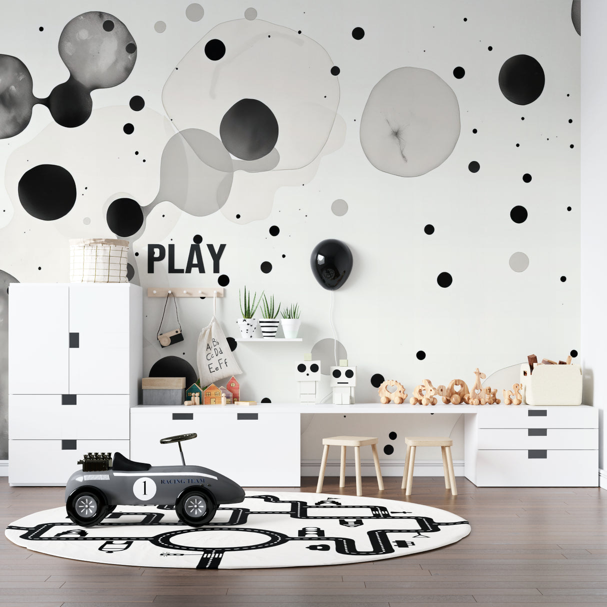 Black and white circle pattern creating movement in an urban loft space