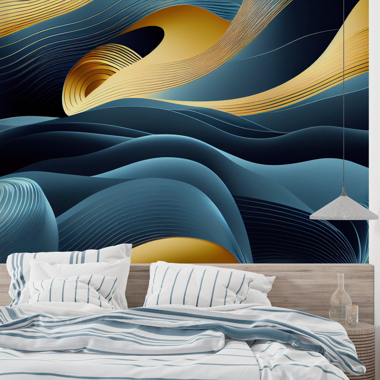 Blue and gold wave wallpaper in modern living room creating a sophisticated atmosphere