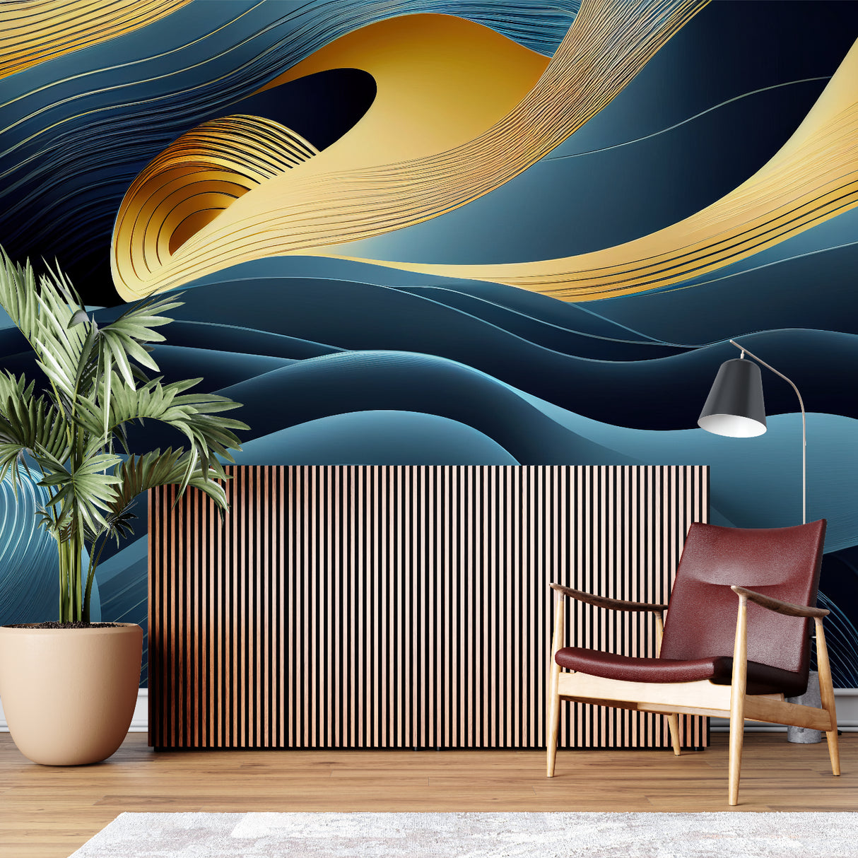 Abstract wave mural featuring blue and gold in luxury master bedroom