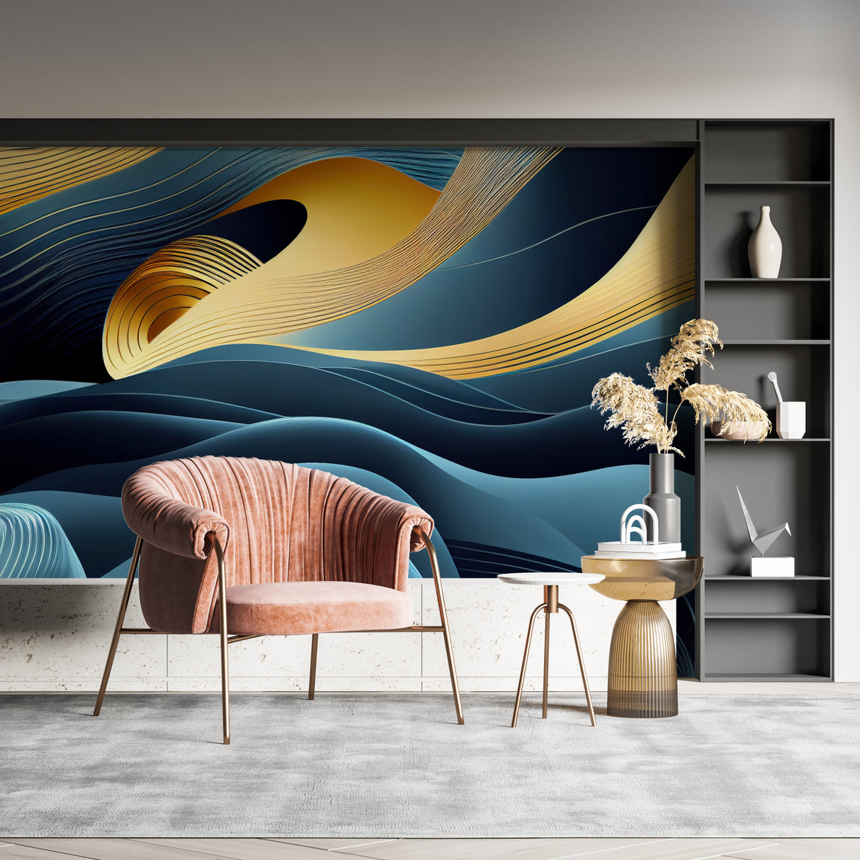 Blue wave wall mural with gold accents in dining room space