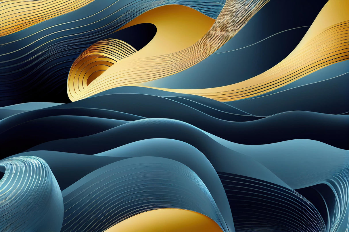 Modern blue and gold wave pattern design file showing intricate details and color flow