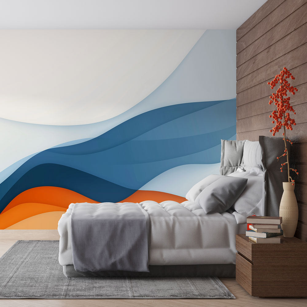Modern blue and orange wave wallpaper mural creating a calm atmosphere in a minimalist living room setting