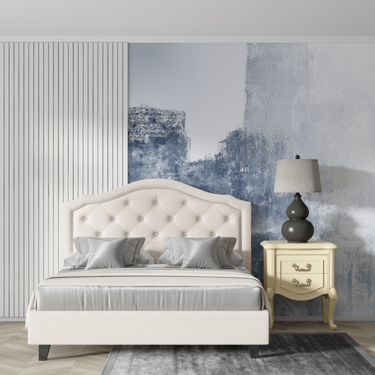 Abstract wave pattern mural in a modern home office with natural lighting