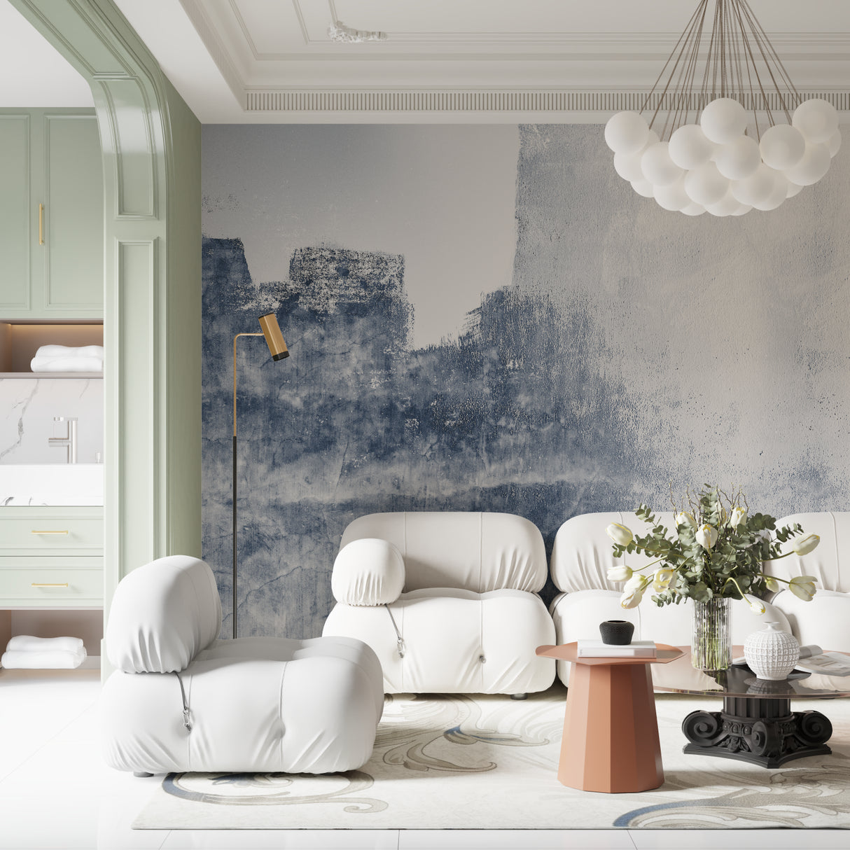 Blue and white abstract wallpaper creating depth in a contemporary bedroom