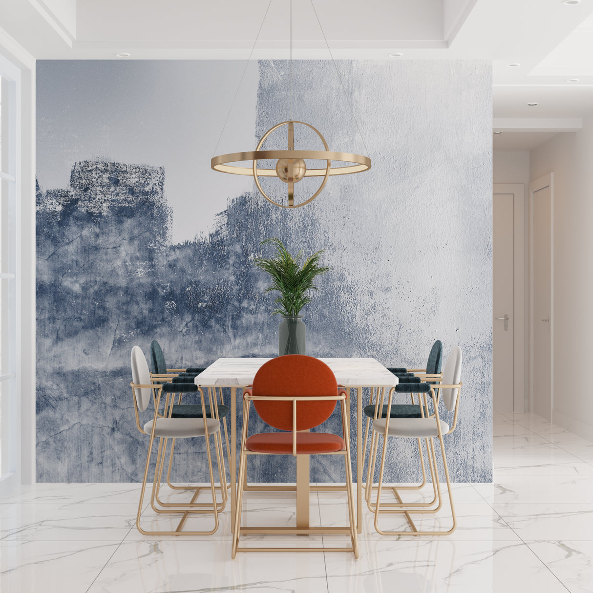 Modern wave wall mural in an elegant dining room with pendant lights