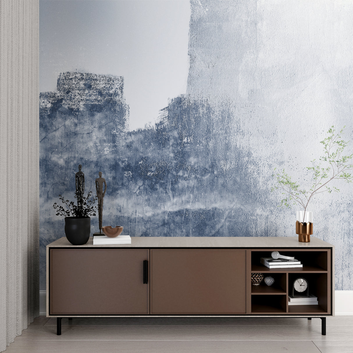 Abstract blue wallpaper in a coastal-style entrance hall